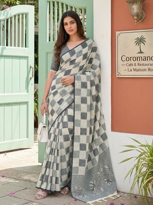 Off White Linen Cotton Saree With Blouse Piece