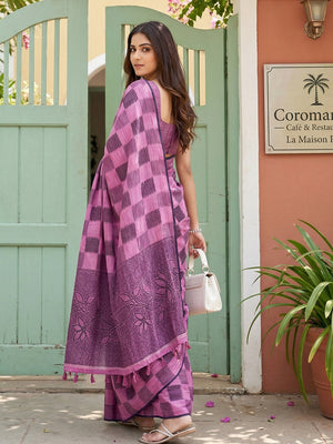 Purple Linen Cotton Saree With Blouse Piece