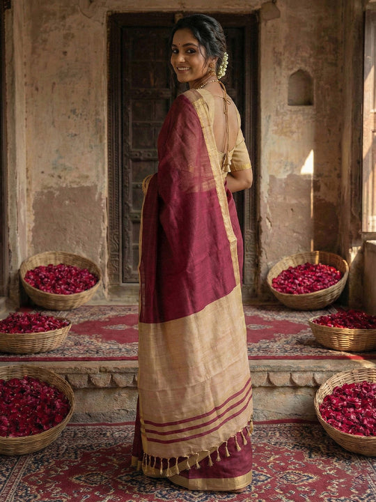 Wine Cotton Saree With Blouse Piece