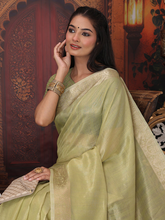 Mhendi Green Organza Saree With Blouse Piece