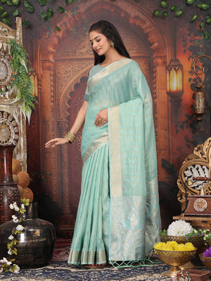 Rama Green Organza Saree With Blouse Piece