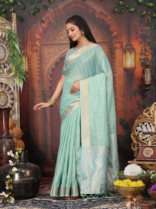 Rama Green Organza Saree With Blouse Piece