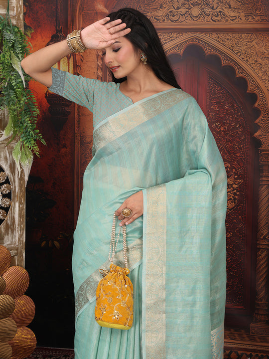 Rama Green Organza Saree With Blouse Piece