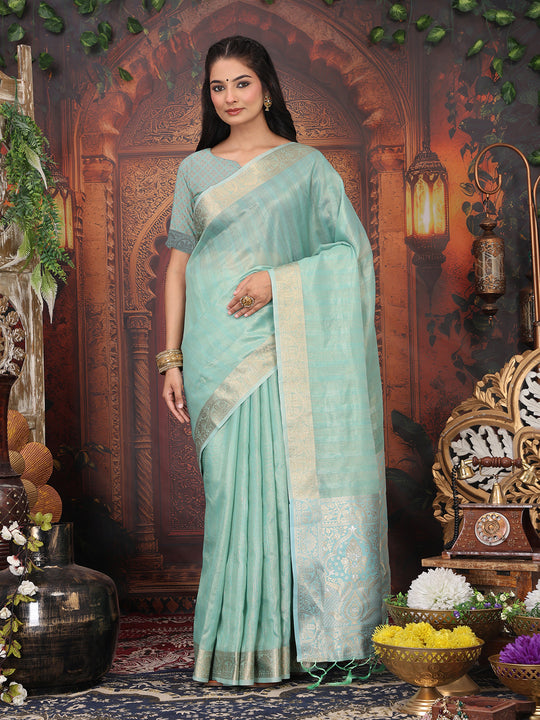 Rama Green Organza Saree With Blouse Piece