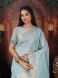 Sky Blue Organza Saree With Blouse Piece