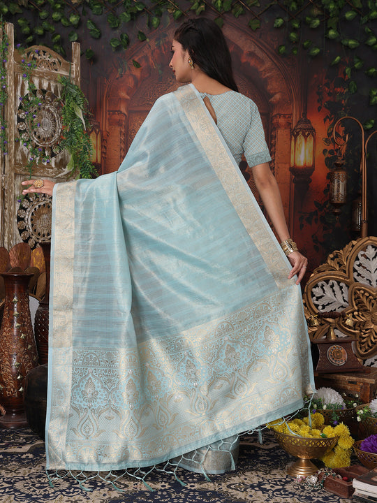 Sky Blue Organza Saree With Blouse Piece
