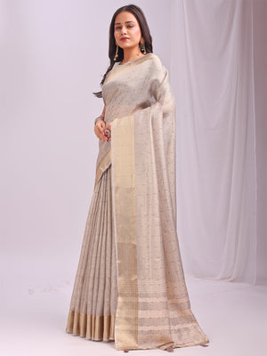 Cream CASUAL CHECKS Organza Saree with Blouse Piece