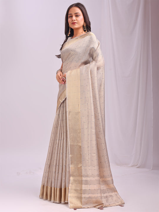 Cream CASUAL CHECKS Organza Saree with Blouse Piece