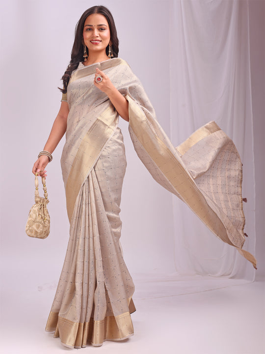 Cream CASUAL CHECKS Organza Saree with Blouse Piece