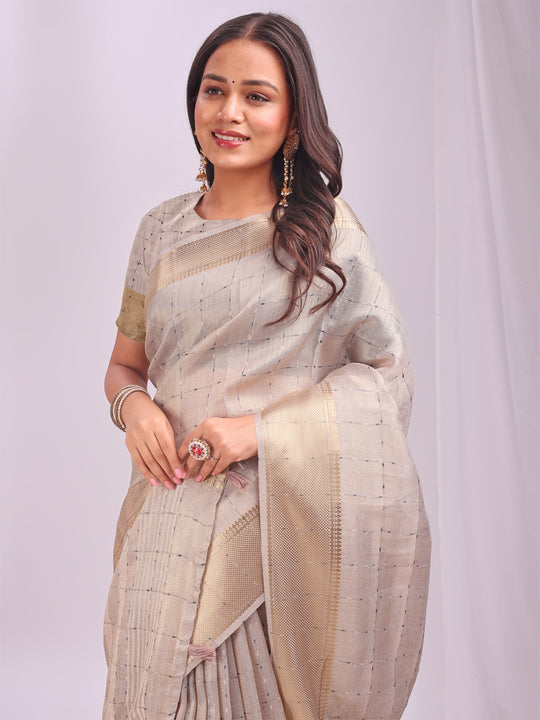Cream CASUAL CHECKS Organza Saree with Blouse Piece