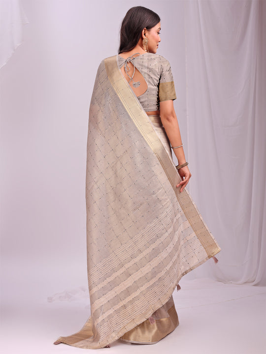 Cream CASUAL CHECKS Organza Saree with Blouse Piece