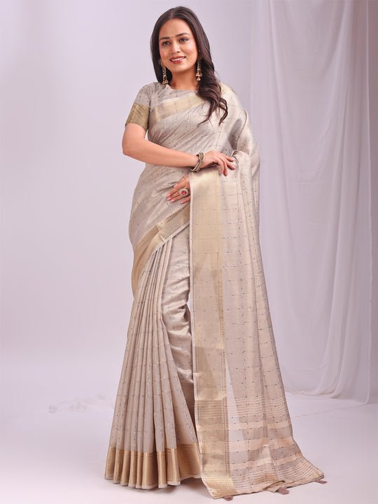 Cream CASUAL CHECKS Organza Saree with Blouse Piece