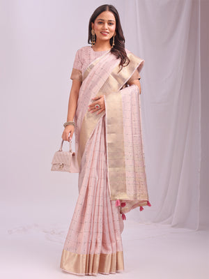 Peach CASUAL CHECKS Organza Saree with Blouse Piece