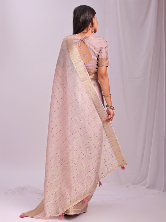 Peach CASUAL CHECKS Organza Saree with Blouse Piece