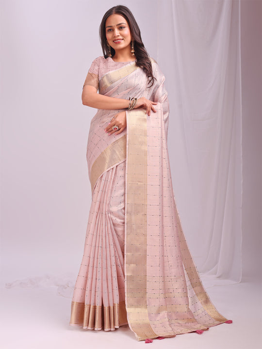 Peach CASUAL CHECKS Organza Saree with Blouse Piece