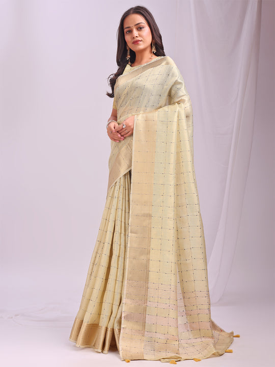 Gold CASUAL CHECKS Organza Saree with Blouse Piece