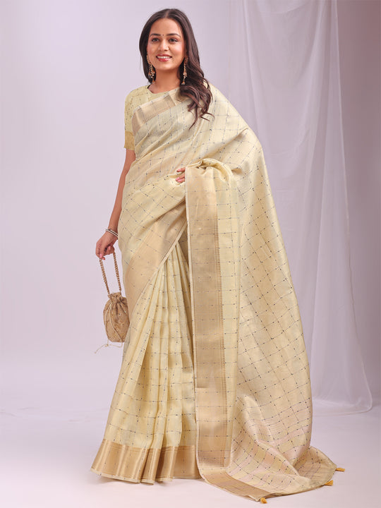 Gold CASUAL CHECKS Organza Saree with Blouse Piece