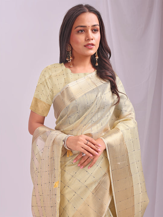 Gold CASUAL CHECKS Organza Saree with Blouse Piece