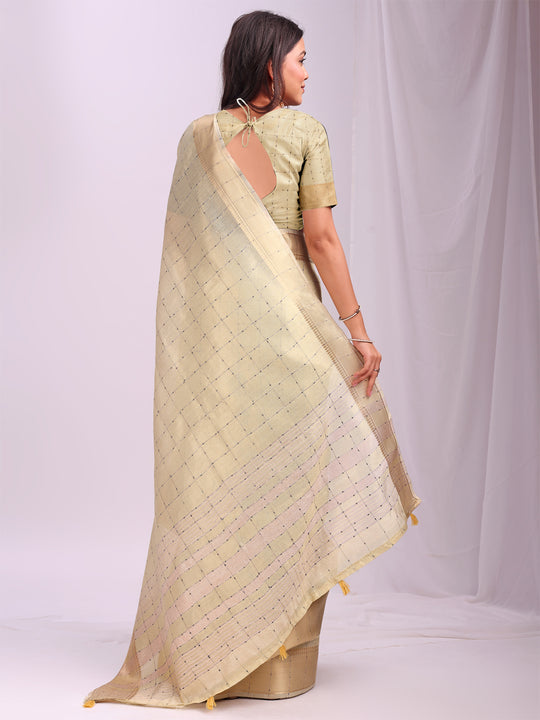 Gold CASUAL CHECKS Organza Saree with Blouse Piece