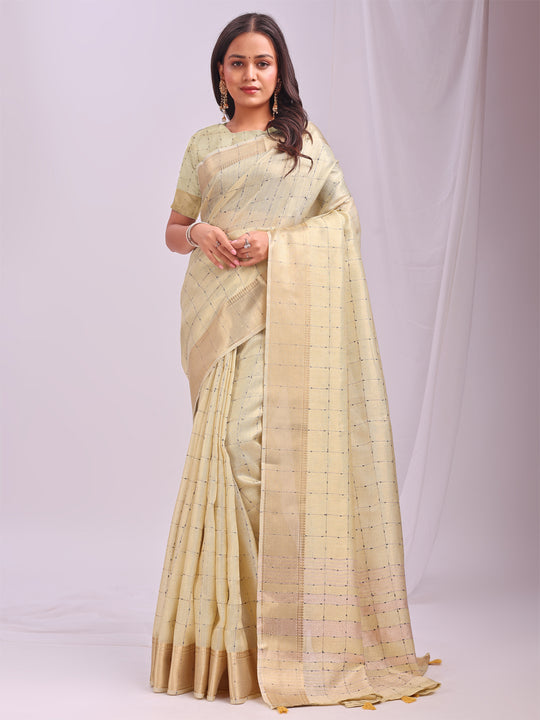 Gold CASUAL CHECKS Organza Saree with Blouse Piece