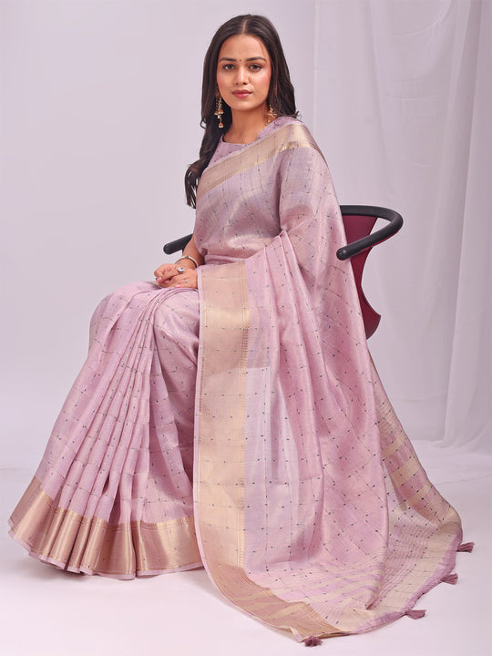Light Pink CASUAL CHECKS Organza Saree with Blouse Piece