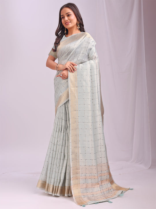 Sky Blue CASUAL CHECKS Organza Saree with Blouse Piece