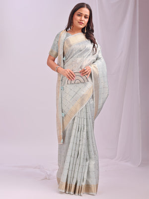 Sky Blue CASUAL CHECKS Organza Saree with Blouse Piece