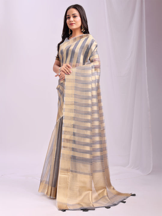 Grey FOSHAN Organza Saree with Blouse Piece