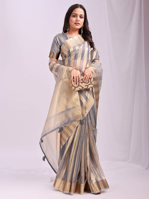 Grey FOSHAN Organza Saree with Blouse Piece