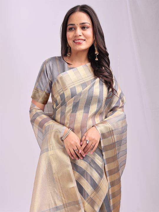 Grey FOSHAN Organza Saree with Blouse Piece
