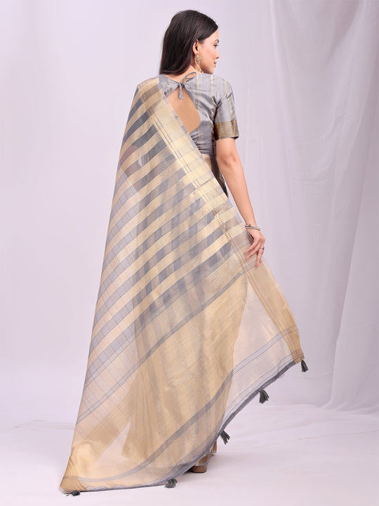 Grey FOSHAN Organza Saree with Blouse Piece