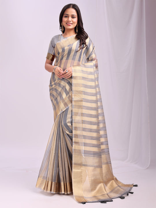 Grey FOSHAN Organza Saree with Blouse Piece