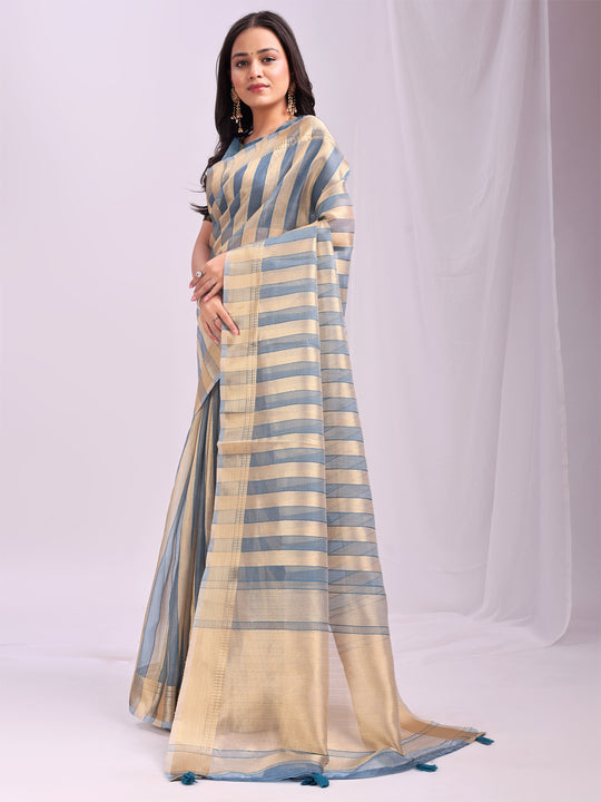 Sky Blue FOSHAN Organza Saree with Blouse Piece