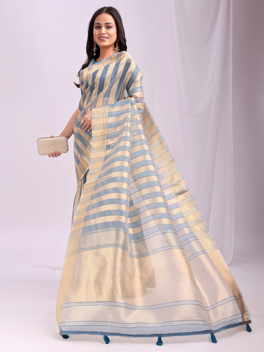 Sky Blue FOSHAN Organza Saree with Blouse Piece