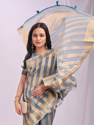 Sky Blue FOSHAN Organza Saree with Blouse Piece