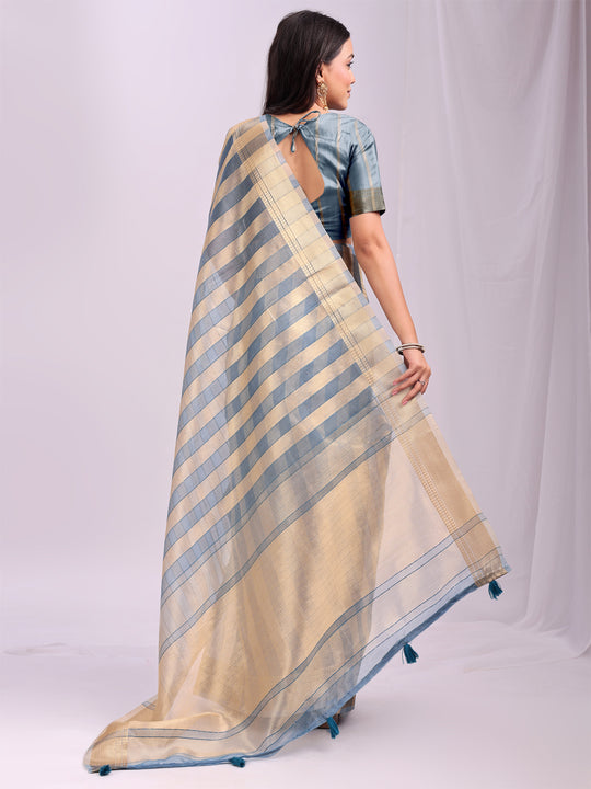 Sky Blue FOSHAN Organza Saree with Blouse Piece
