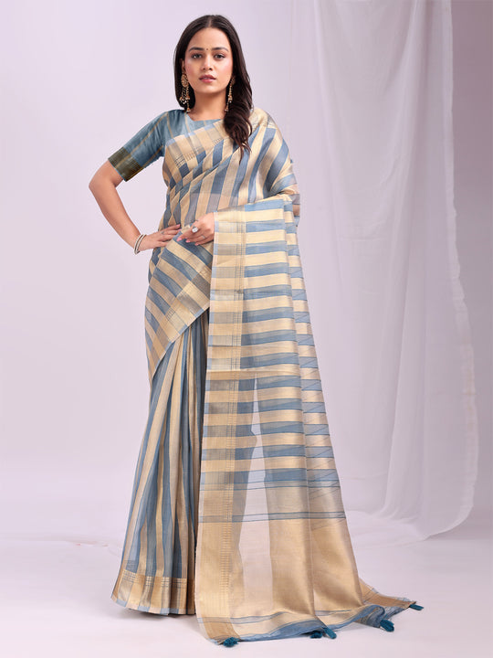 Sky Blue FOSHAN Organza Saree with Blouse Piece