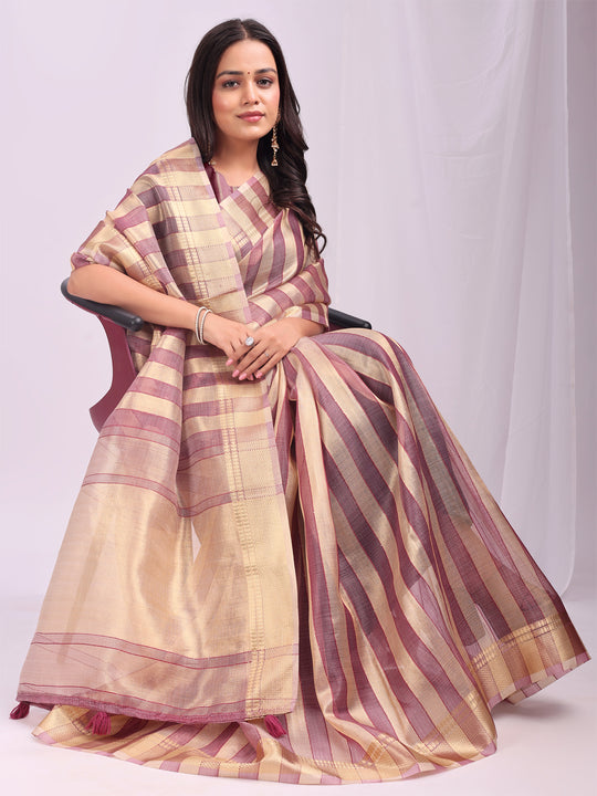 Purple FOSHAN Organza Saree with Blouse Piece