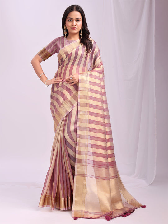 Purple FOSHAN Organza Saree with Blouse Piece