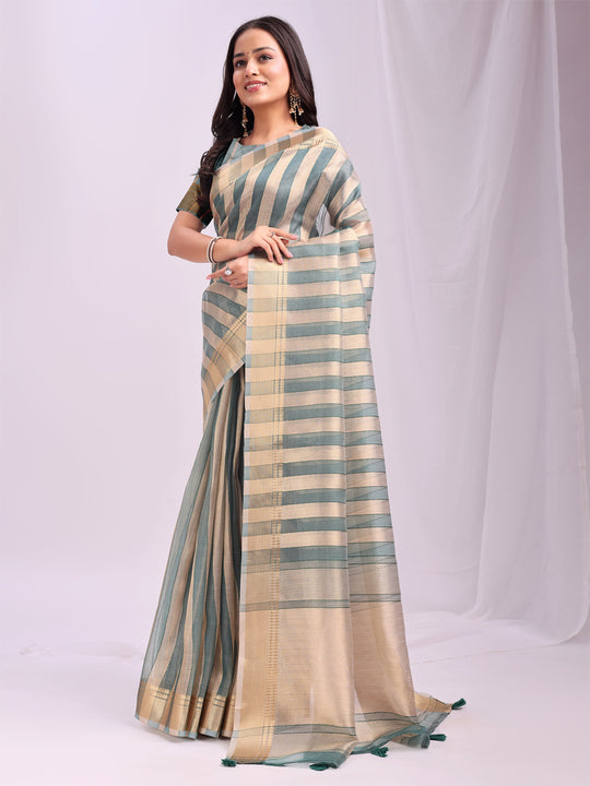 Green FOSHAN Organza Saree with Blouse Piece