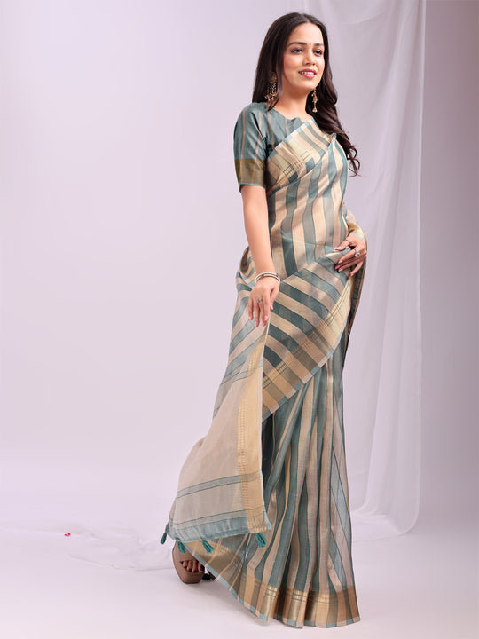 Green FOSHAN Organza Saree with Blouse Piece