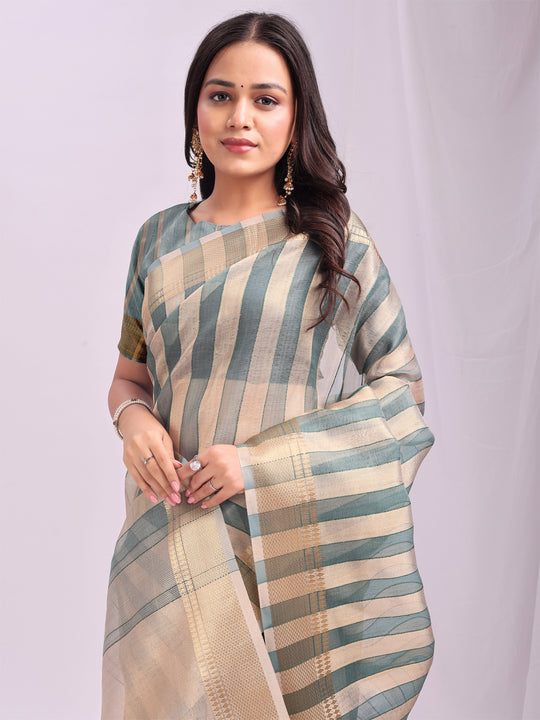 Green FOSHAN Organza Saree with Blouse Piece