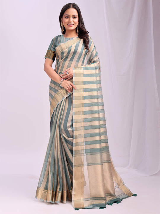 Green FOSHAN Organza Saree with Blouse Piece