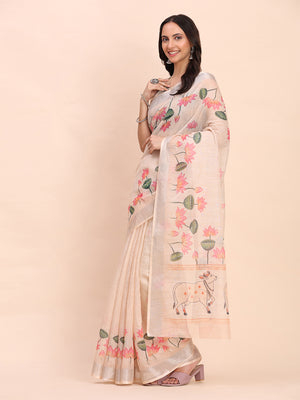 Peach COTTON CRUSH Linen Cotton Saree with Blouse Piece