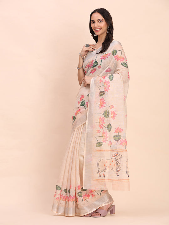 Peach COTTON CRUSH Linen Cotton Saree with Blouse Piece