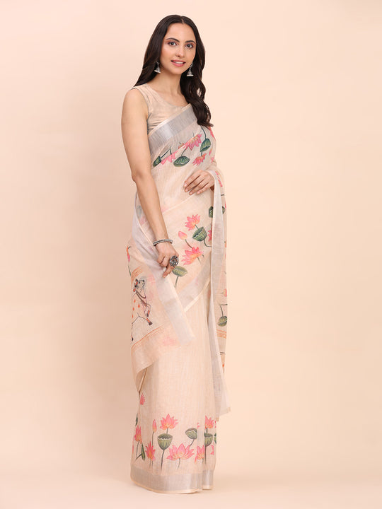 Peach COTTON CRUSH Linen Cotton Saree with Blouse Piece