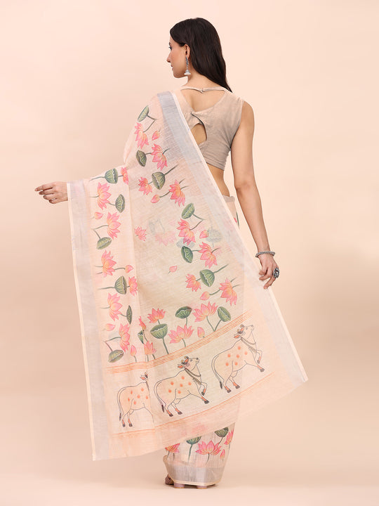 Peach COTTON CRUSH Linen Cotton Saree with Blouse Piece