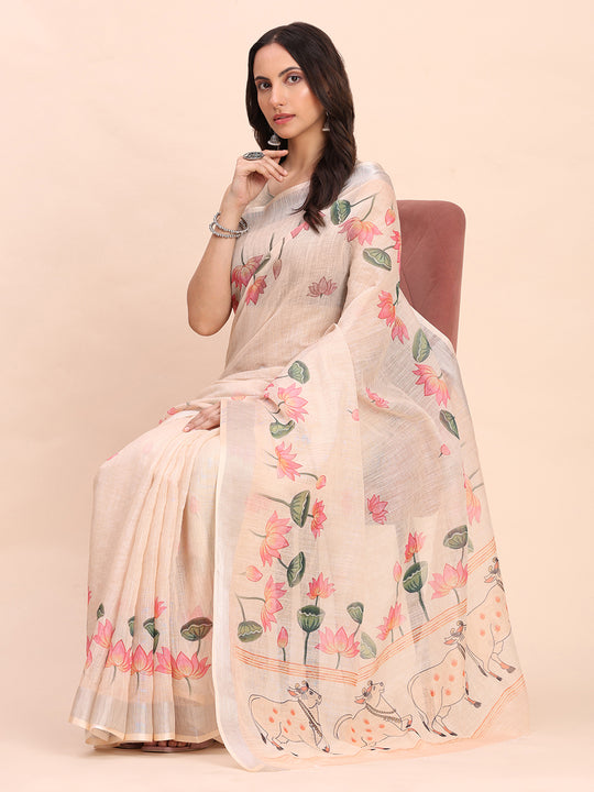 Peach COTTON CRUSH Linen Cotton Saree with Blouse Piece
