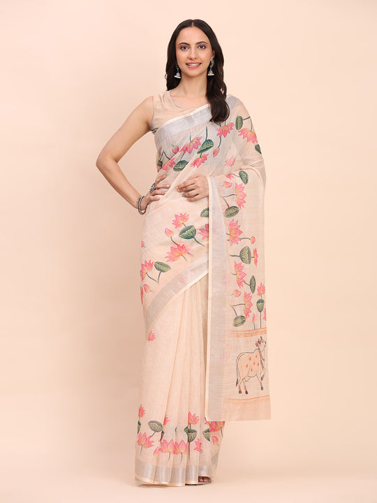 Peach COTTON CRUSH Linen Cotton Saree with Blouse Piece