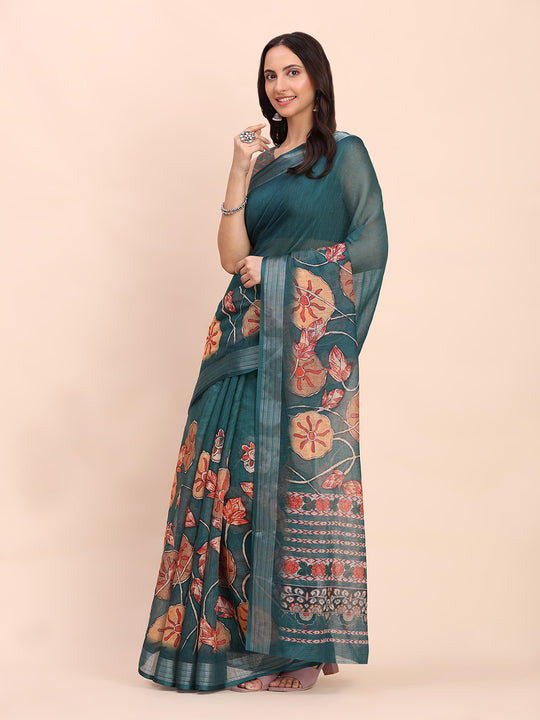 Teal Blue COTTON CRUSH Linen Cotton Saree with Blouse Piece